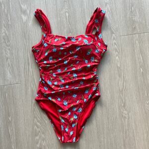 J Crew Swimsuit Nia Ruched Squareneck One Piece In Brushed Daisy Sz 8 Red Floral